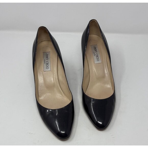 Jimmy Choo Gilbert Black Navy Patent Leather Almond Toe Wedge Heel Pumps - Picture 2 of 8